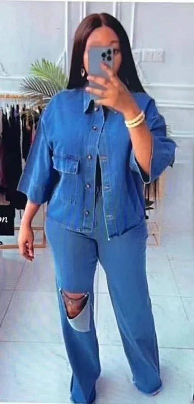 Maxy Denim Pant Set Women Two Piece Sets Turn Down Collar Matching Sets Single Breasted Shirt Tops Wide Leg Long Pants High Waist