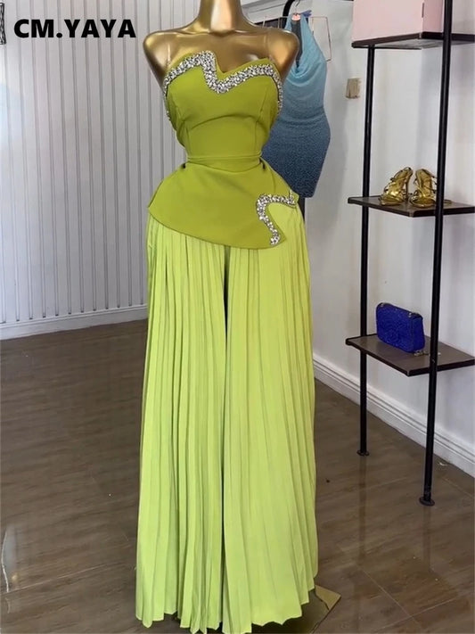 Maxy CM. YAYA Women's Set Diamonds Hot Rhinestones Crop Top and Pleated Wide Leg Pants Suit 2025 Two 2 Piece Sets Outfits Tracksuit