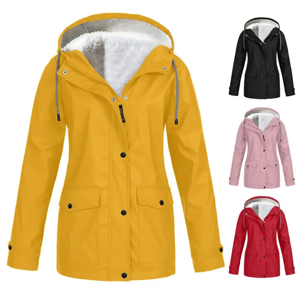 Maxy Women's Winter Coat Warm Solid Plush Thickened Long Jacket Outdoor Hiking Hooded Casual Windproof Parka Coat Overcoat