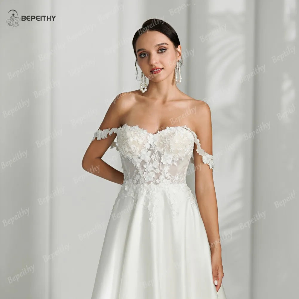 Babs A line Sweetheart Lace Civil Wedding Dresses Sleeveless Sweep Train Ivory Bride Bridal Gown Vestidos De Novia For Women