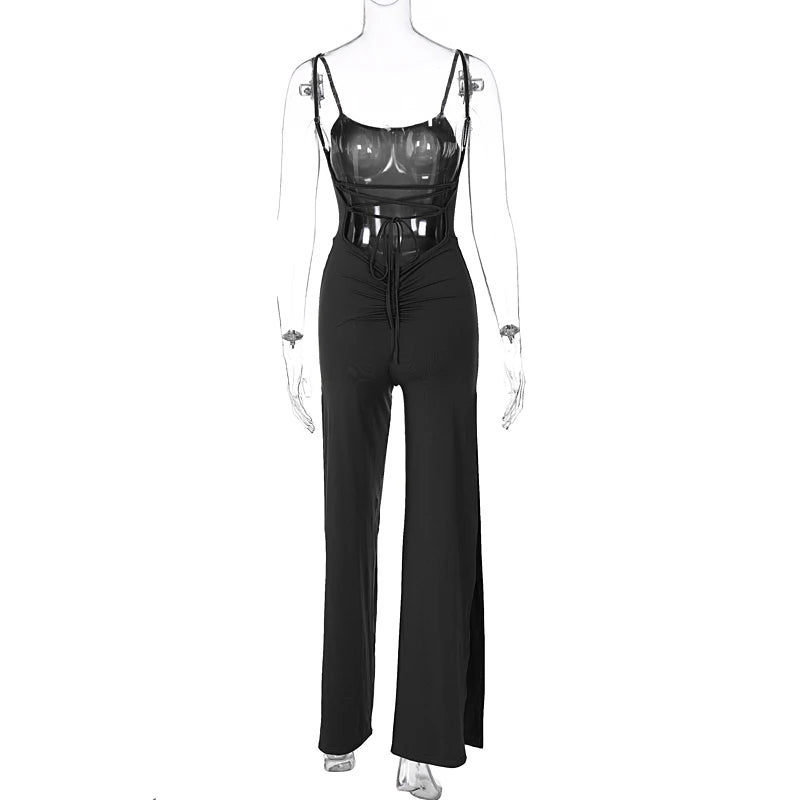Maxy Summer Women Sexy Y2K Lace Up Backless Strap Rompers Slit Wide Leg Jumpsuit Outfits Vacation Streetwear Overalls