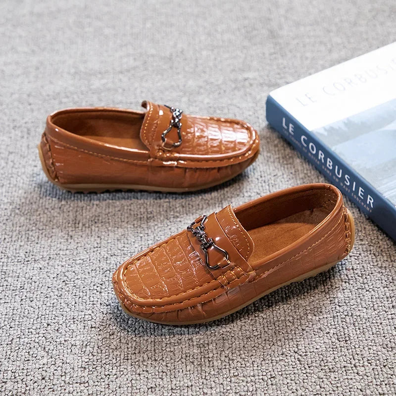 Visco Boys Leather Shoes Round-toe Flat Soft Kids Fashion Casual Loafers Glossy Metal Buckle Children Moccasins Non-slip Britain Style