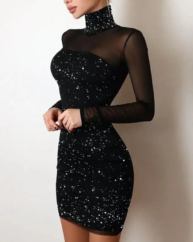Maxy Evening Dresses for Women New Elegant Sexy Party Wedding Guest Glitter Contrast Lace Cutout Long Sleeve Bodycon Mini Dress