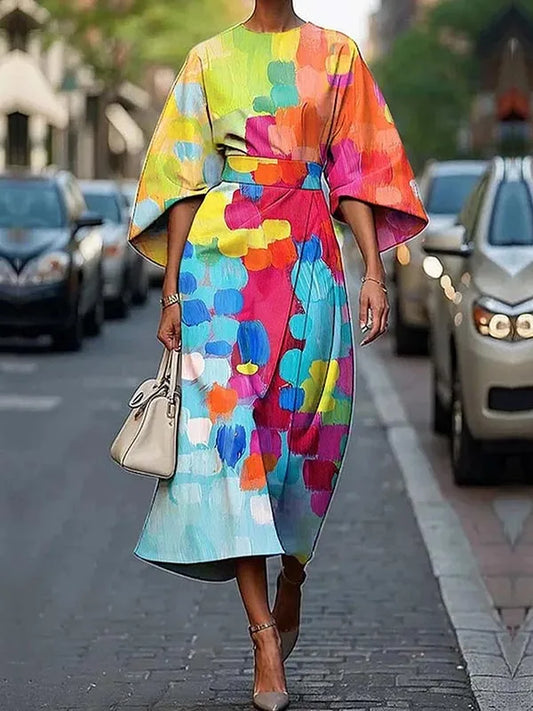Maxy New African Dresses for Woman Summer Short Sleeves Asymmetric Tied Waist Casual 1 Pieces Woman Midi Colorful Dress