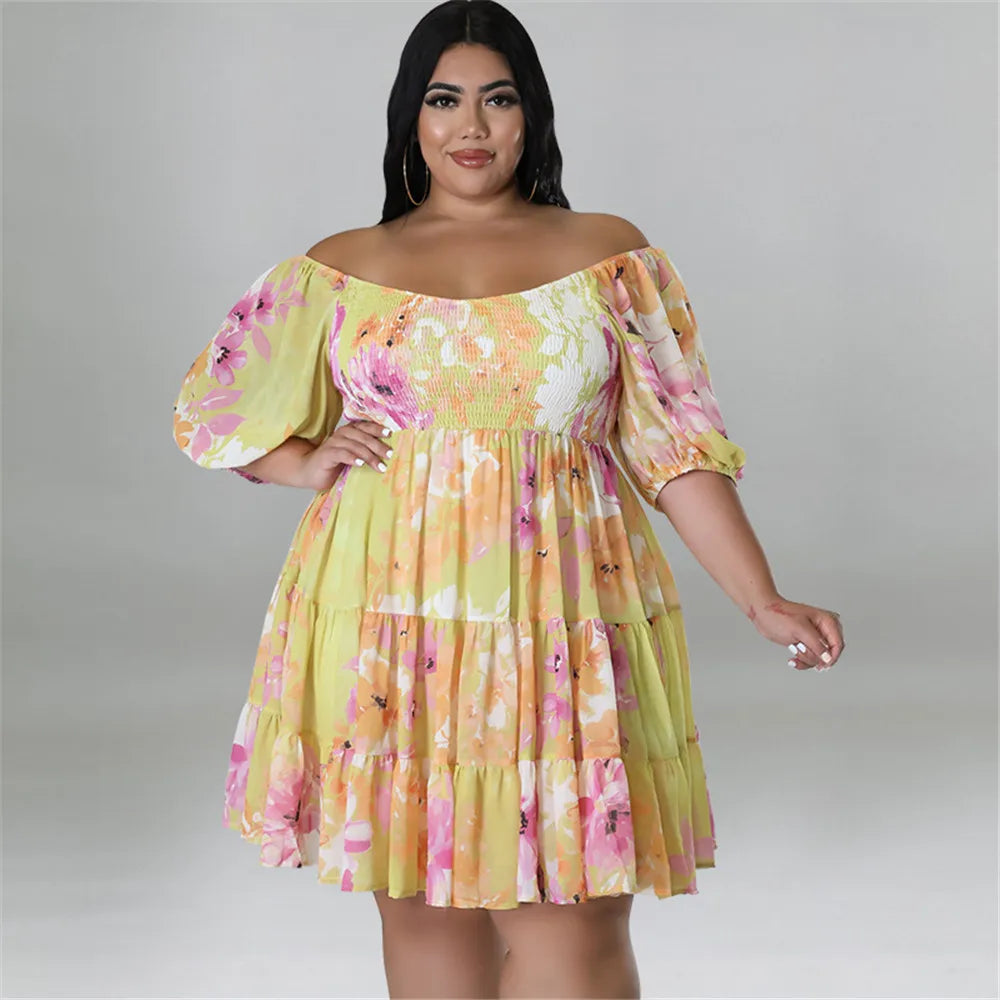 Maxy Plus Size Summer Dresses Women's Clothing Flower Printed One Shoulder Elegant Mini Dress Hot Sale