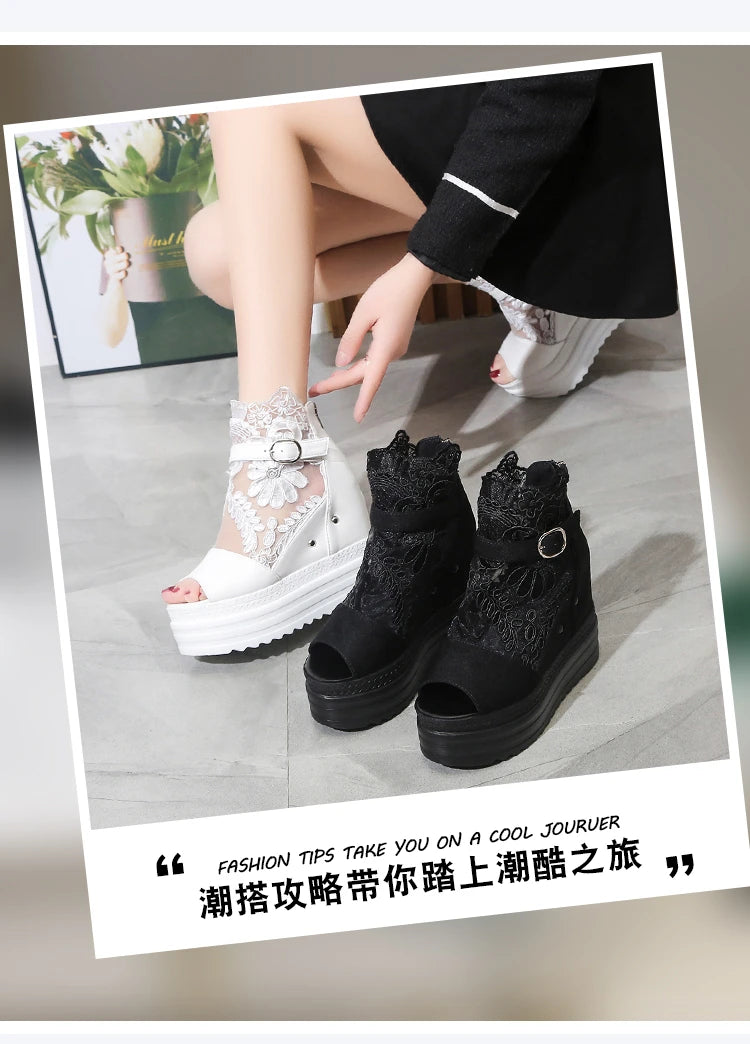 Summer Crystals Buckle Platform Sandals Women Cool ZIP Boots 10cm Wedges Heel Height Increasing Peep Toe Lace breathable Shoes