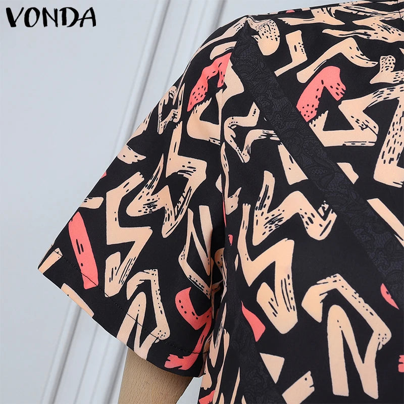 Maxy Summer Vintage Bohemian Dress Women Short Sleeve Printed Party Vestidos Casual Ruffled Long Robe V-Neck Vestidos
