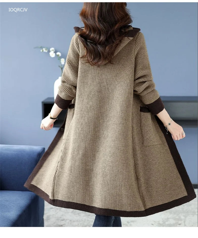 Maxy new Hooded Knitted Momsey Sweater Coat Women Autumn Winter Long Wool  AmericanFemale Casual Loose Knitting Jacket Large Size 5XL