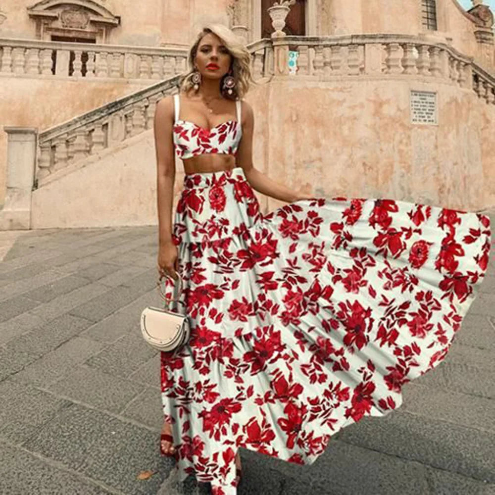 Babs Style Print Skirt Two Piece Set For Women Sexy Crop Camisole Casual Beach Holiday A-line Skirts 2 Piece Sets Female New