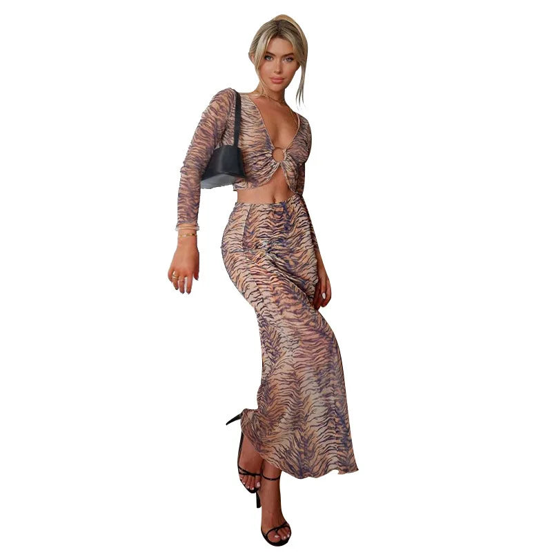 Amay Tiger Printed Two Piece Set for Women, Sexy Long Sleeve Tops, Maxi Skirts, Matching Sets, Slim Outfits, Party Wear, Summer
