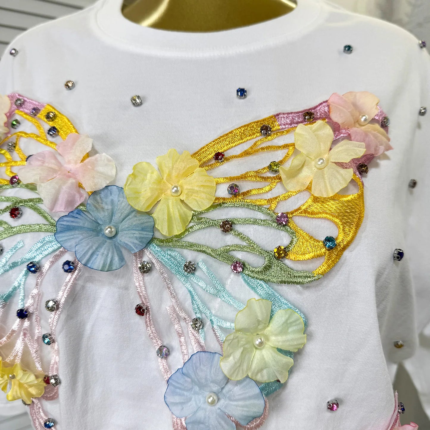 Maxy Fashion Butterfly Floral Beading Women's Set T-shirt and Shorts 2025 Summer Active Two 2 Piece Sets Outfit Tracksuit