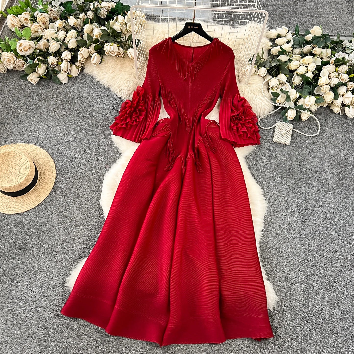 Vintage Elegant V-neck Flare Sleeve tassels pleated Dress A-line Fashion Beach Spring Summer Vestidos Women  Dresses