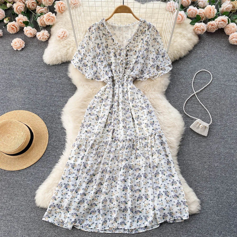 Maxy Ruffled Women Summer Long Dress 2024 Elastic Waist V Neck Vacation Chic Elegant Ladies A Line Slim Beach Dresses