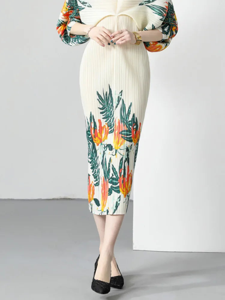 Amay Women High Waist Printing A-line Pleated Dresses V-Neck Long Sleeved Lightweight Spring Summer SM10792