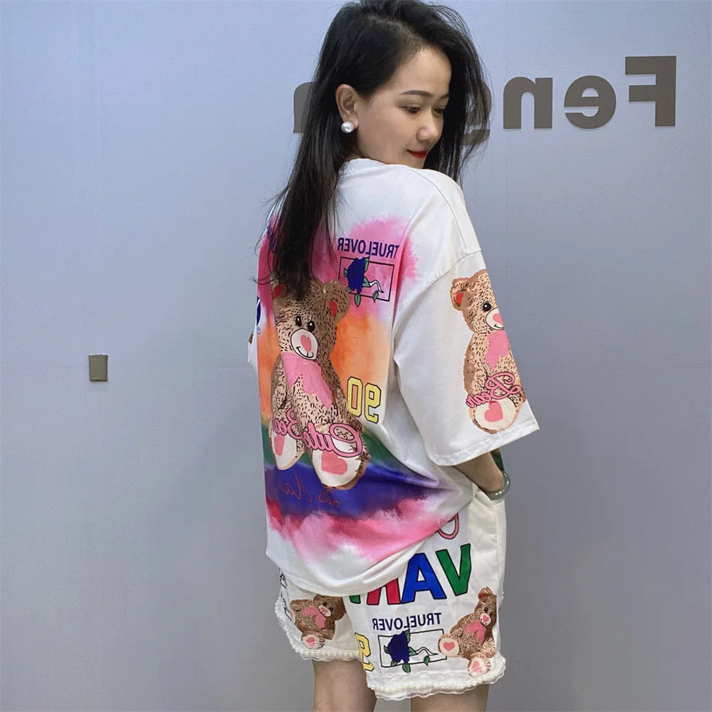 Maxy Beaded Cartoon Bear Shorts Casual Suit Women 2024 Summer Loose Printed Rhinestone Hot Fixed Short Sleeve T-shirt Two-Piece Sets
