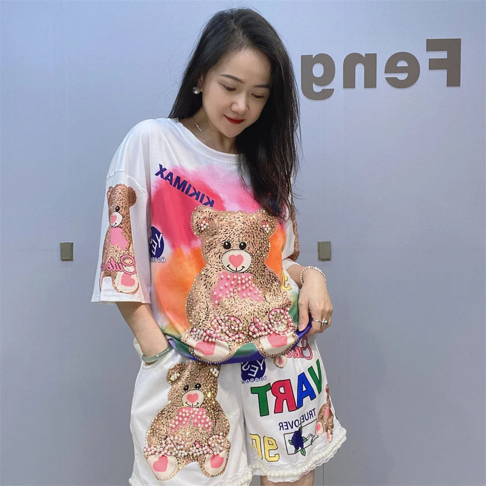 Maxy Beaded Cartoon Bear Shorts Casual Suit Women 2024 Summer Loose Printed Rhinestone Hot Fixed Short Sleeve T-shirt Two-Piece Sets