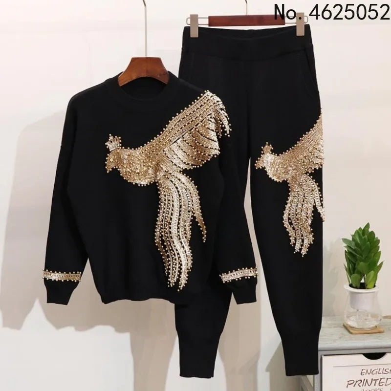 Maxy 2024 winter Spring long sleeve tracksuit Sportswear Office phoenix Sequined Sweatshirt+ pant 2pcs women's set outfits suit