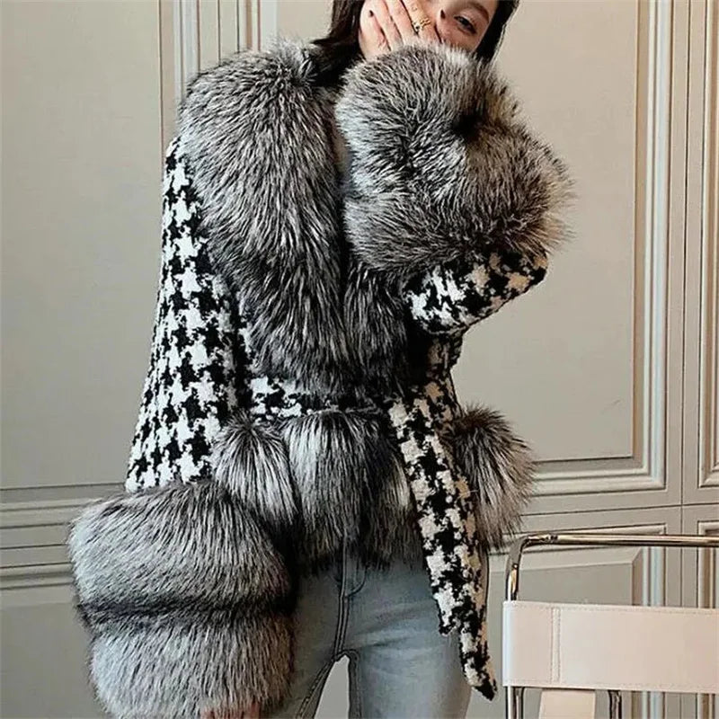 Babs Fox Fur Grass Coat Women Short Thousand Bird Grid Double Faced Fleece Collar 2024 Small Fragrant Style Imitation Fur Coat Female