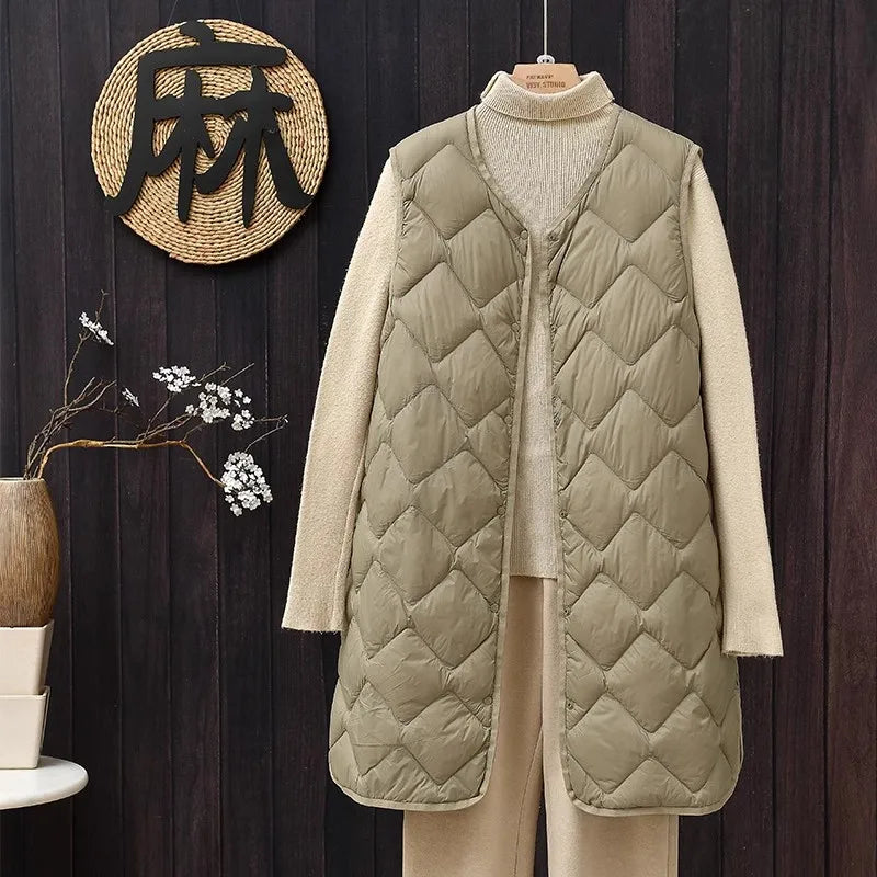 Maxy Plus Size Female Korean V-neck Casual Ultra-Light Vest Coat Autumn Winter Women X-Long White Duck Down Warm Sleeveless Jackets