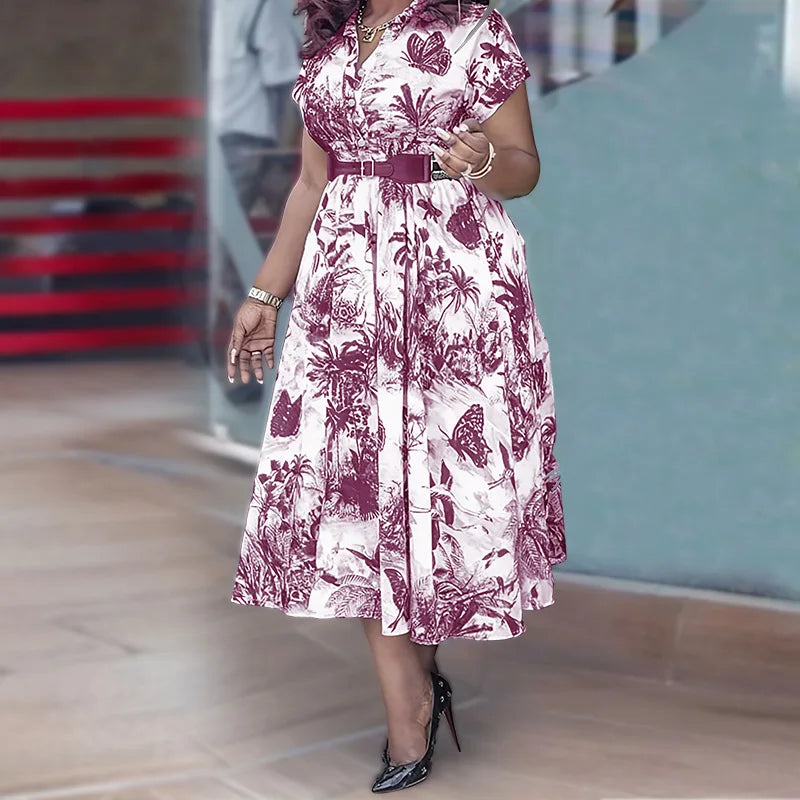 Amay Women Elegant Printed Party Dress Turn Down Collar Short Sleeve Pleated A-Line With Belt African Office Work Wear Plus Size 5XL