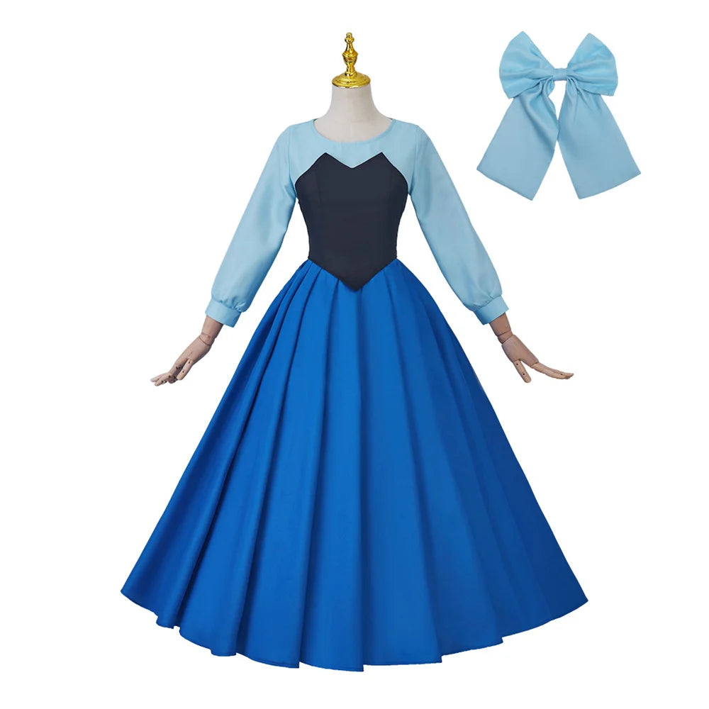 Macy Mermaid Cosplay Ariel Blue Dress with Bowknot Headwear for Women Elegant Princess Ball Gown Halloween Carnival Party Costume