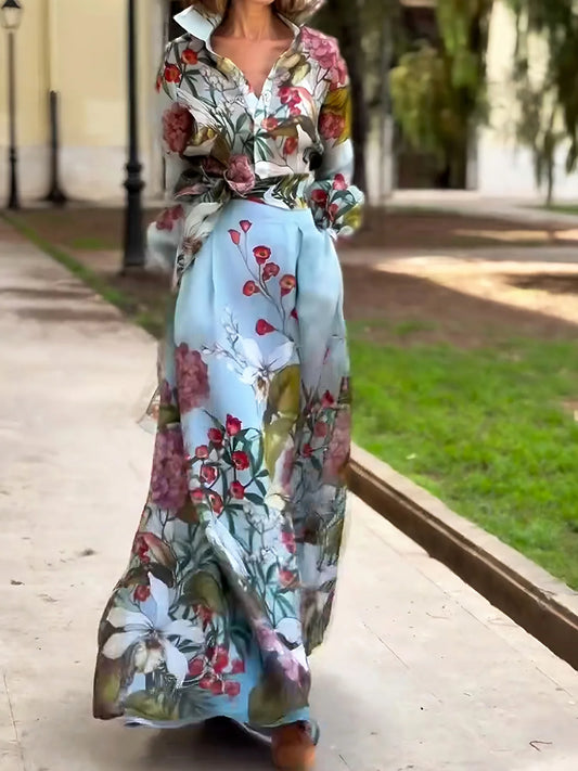 Maxy Spring Floral Print Women's Two Pieces Set Long Sleeve Shirts & High Waist Long Skirt Suits Female Chic Elegant Skirts Set