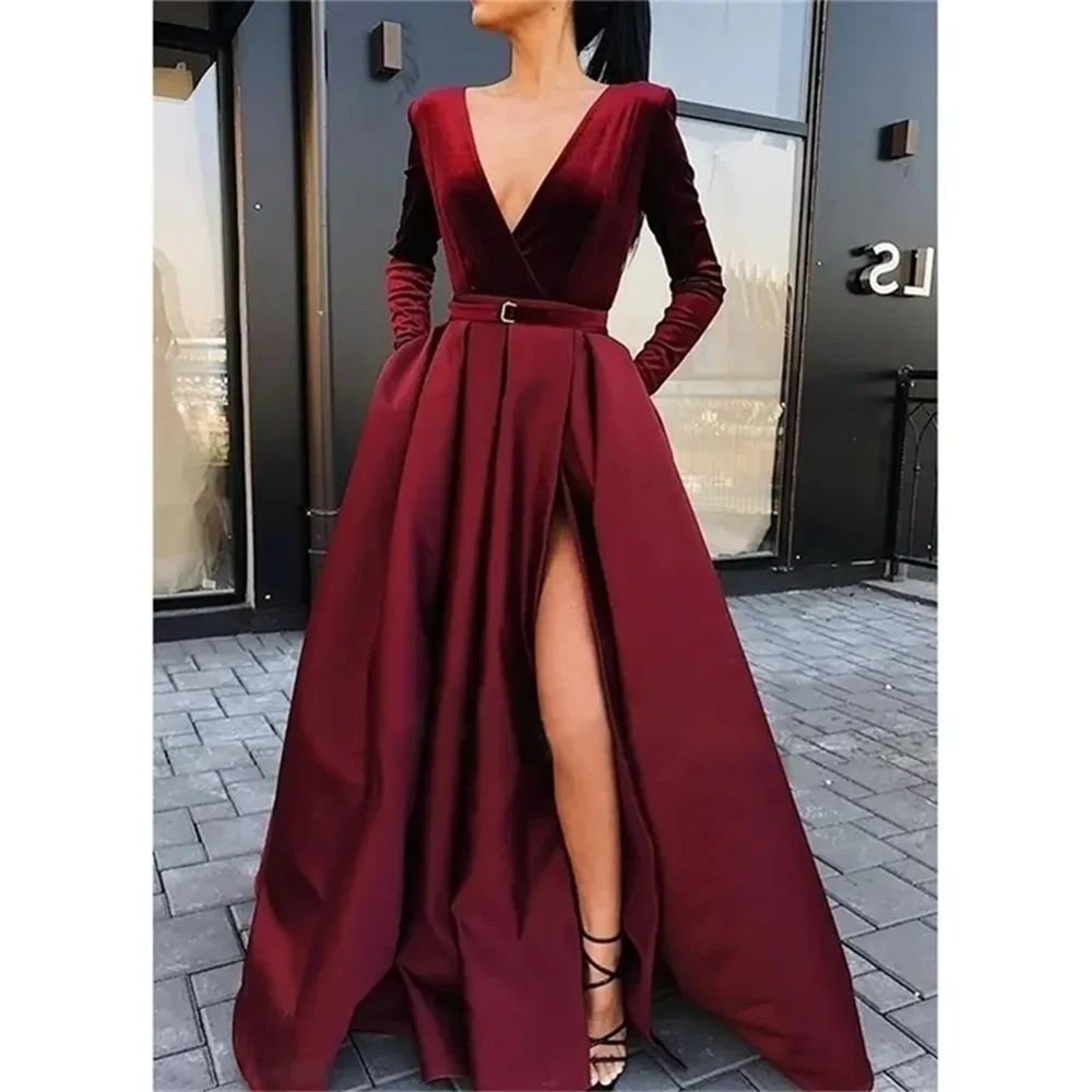 Babs Simple Satin Long Gown Elegant Ladies Dress Party Dresses A-Line Deep V-Neck Slit Full-length Evening Club Maxy High Waist Dress