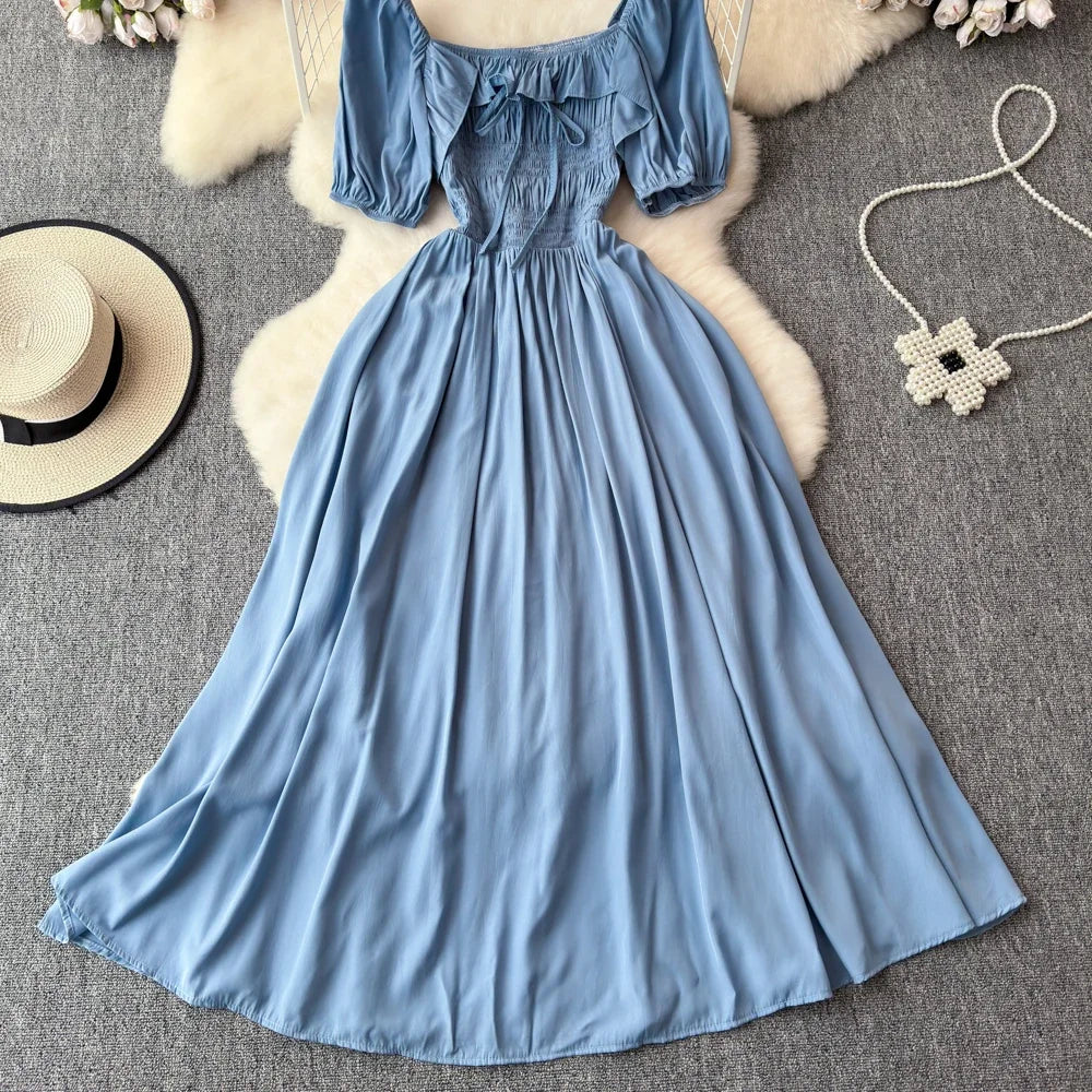 Babs Chic Elegant Square Collar Macy Dress Women Solid Short Puff Sleeve Dresses 2024 Korean Fashion Vintage Ruffle Vestidos
