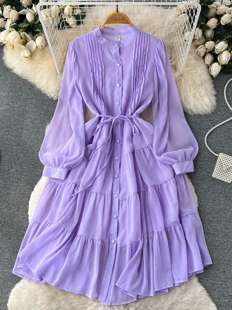 Maxy Spring Autumn Women Purple/Yellow/Blue Draped Chiffon Midi Dress Elegant Stand Collar Single Breasted Lantern Sleeve dress