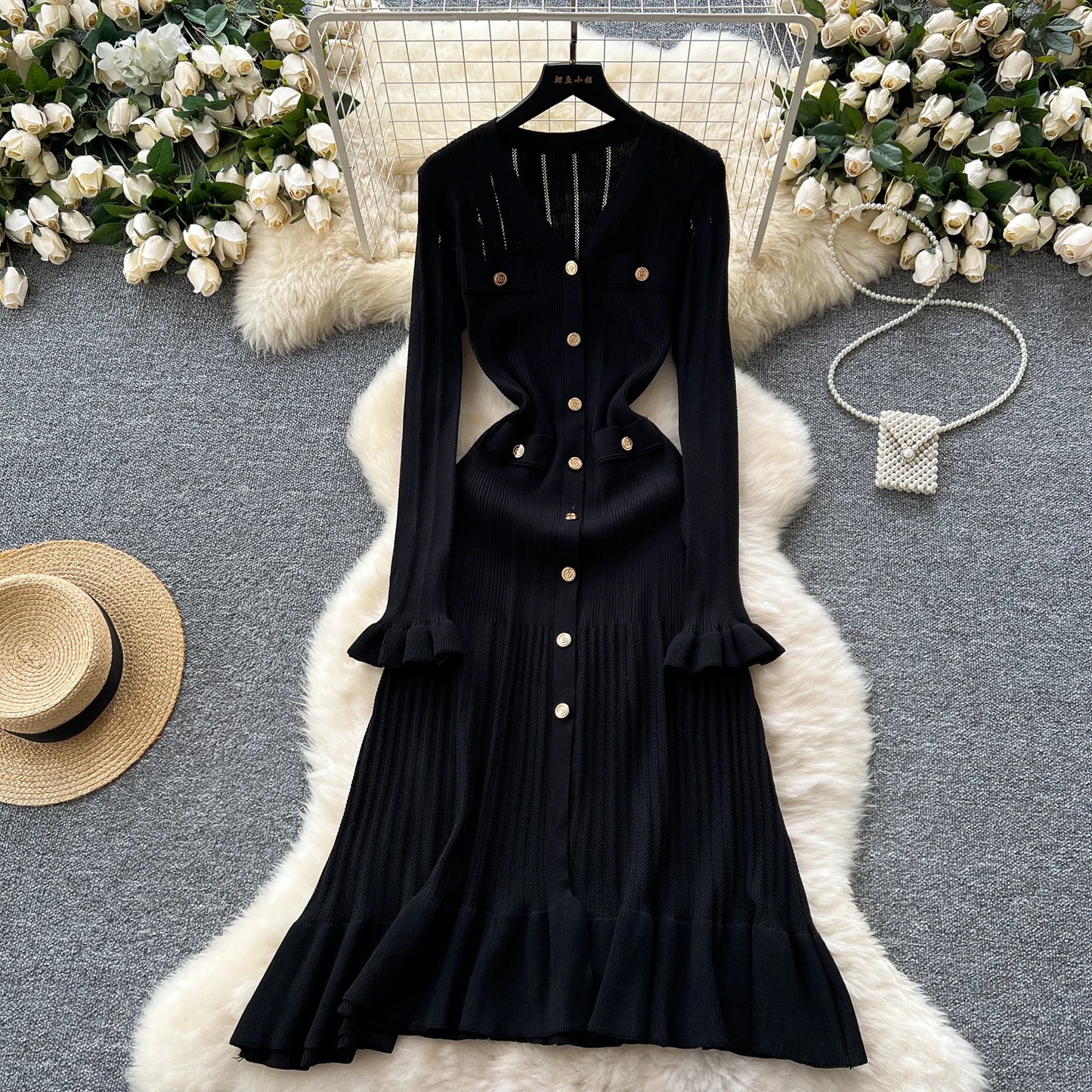 Babs Sexy Chic Long Sleeve V Neck Ruffle Knit Dress Elegant Fashion Party Single Breasted Slim Autumn Dresses