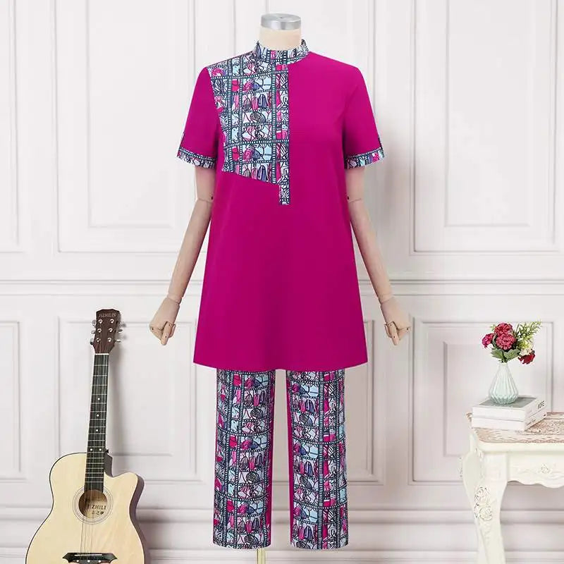 Maxy Women Office Pant Sets Summer Printed Suits Vintage Stand Collar Short Sleeve Tops and Long Pants Casual Loose Sets