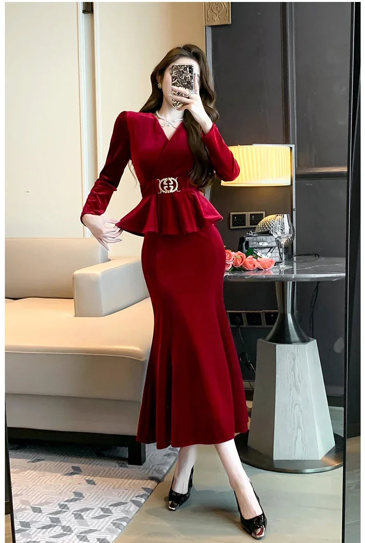 Babs Winter Red Velvet Chic Ruffled Bandage Long Dress Women Elegant Luxury Festival Dress Gown Korean Elegant Prom Dress