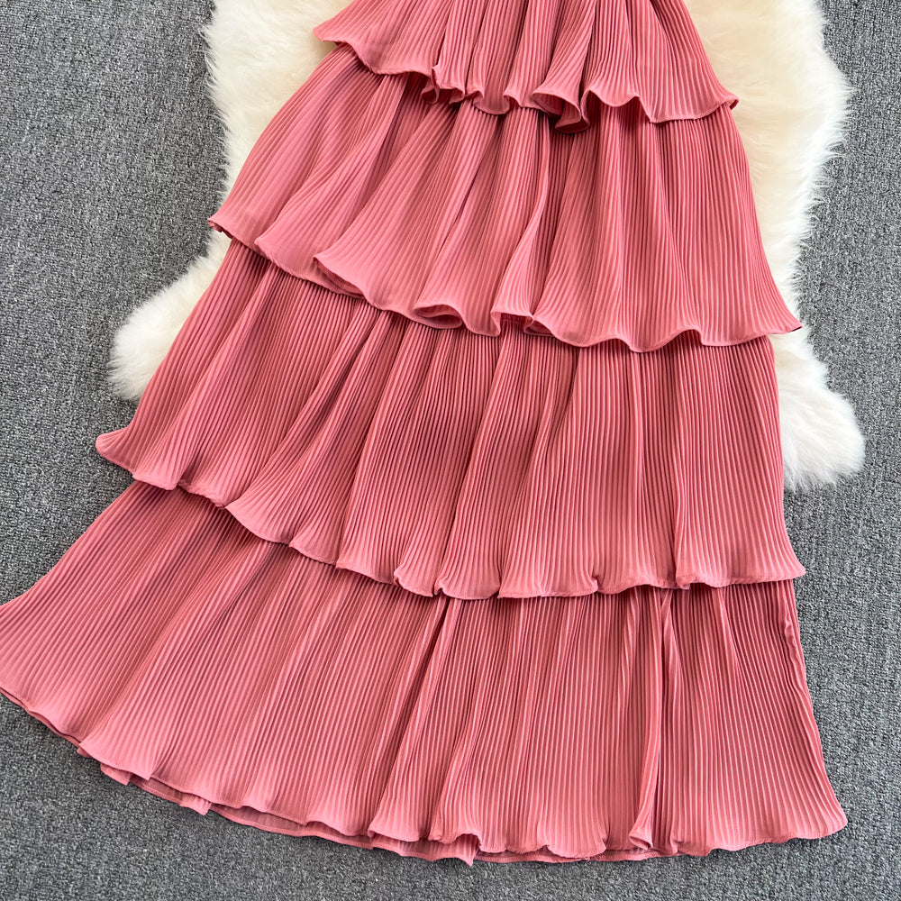 Babs Summer Beach Long Dress Women Elegant V-Neck Short Sleeve Cascading Ruffles Big Swing Female Red/Green/Pink Maxy Robe