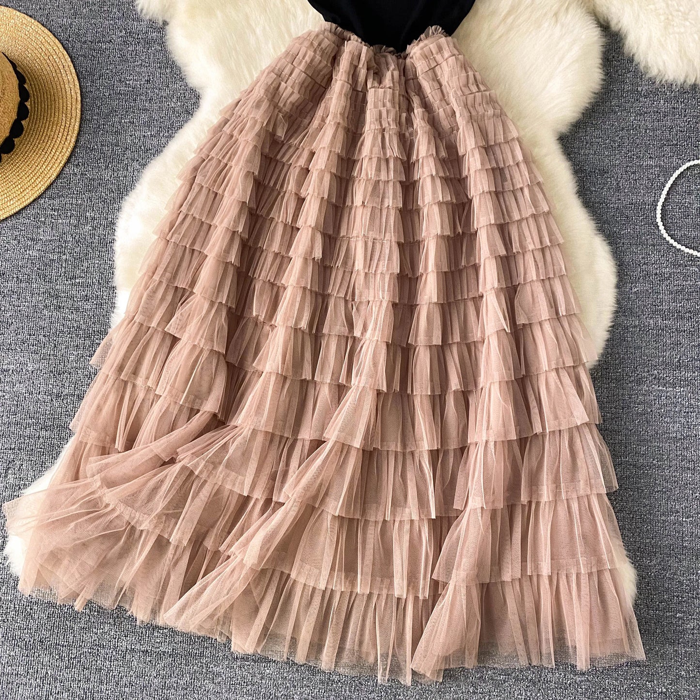 Maxy Fairycore Fashion Newest Chic Dresses Women O-Neck Short Sleeve Mesh Splice Design Vacation Summer Cake Long Dress