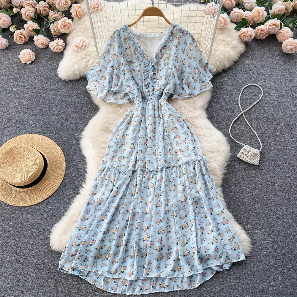 Maxy Ruffled Women Summer Long Dress 2024 Elastic Waist V Neck Vacation Chic Elegant Ladies A Line Slim Beach Dresses