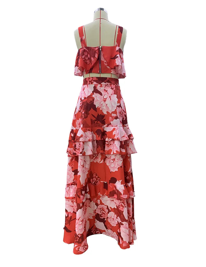 Maxy 2 Piece Set Women Stylish Floral Elegant Printed Sleeveless Short Top+Loose High Waist Pleated Long Skirt Sets
