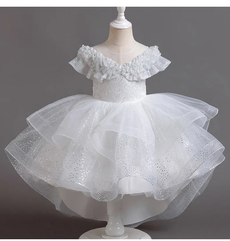 Maxy 2024, 4–12-Year-Old Summer Wedding Flower Girl Dress Trailing Sequin Tulle Party Dress Embroidered Elegant Trailing Cake Dress