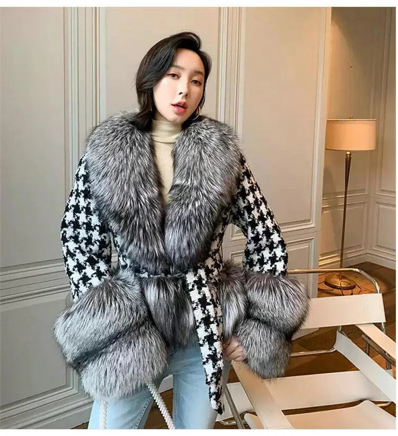 Babs Fox Fur Grass Coat Women Short Thousand Bird Grid Double Faced Fleece Collar 2024 Small Fragrant Style Imitation Fur Coat Female