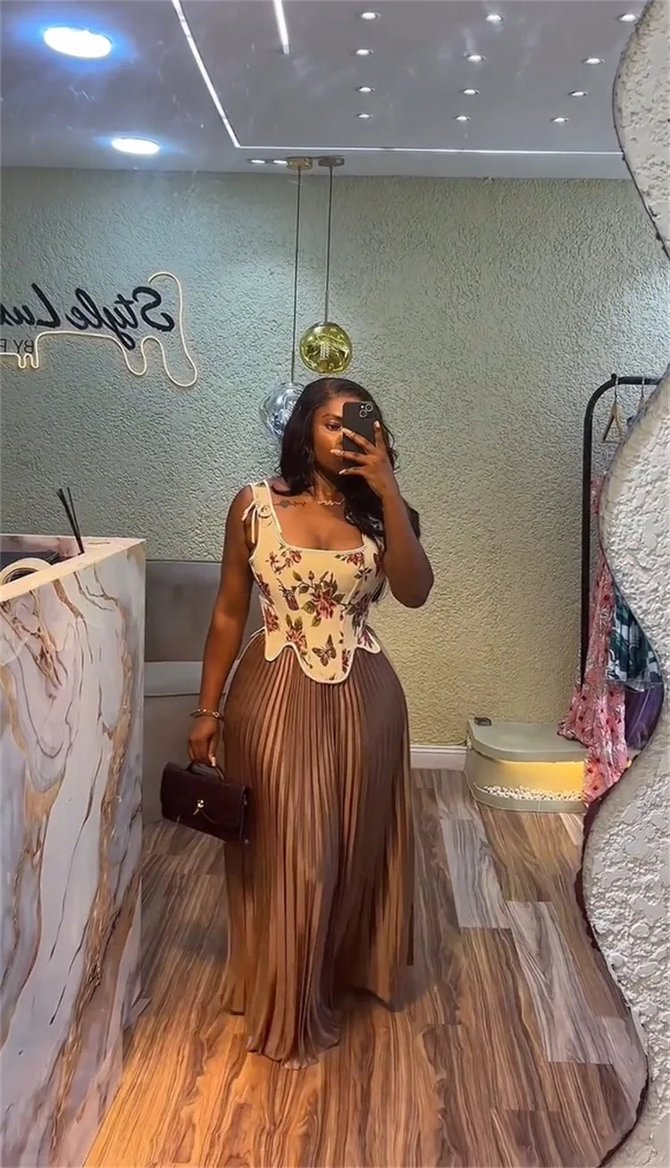 Maxy CM.YAYA Women's Set Floral Print Waist-cinching Vest +Pleated Long Skirts Suit 2025 Party Evening Street Two 2 Piece Set Outfit