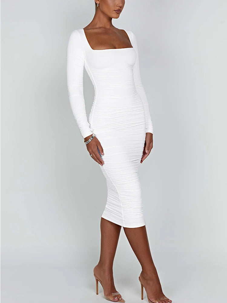 Maxy Autumn and Winter Women Sexy Bodycon Dress Square Neck Long Sleeved Ladies Evening Dresses