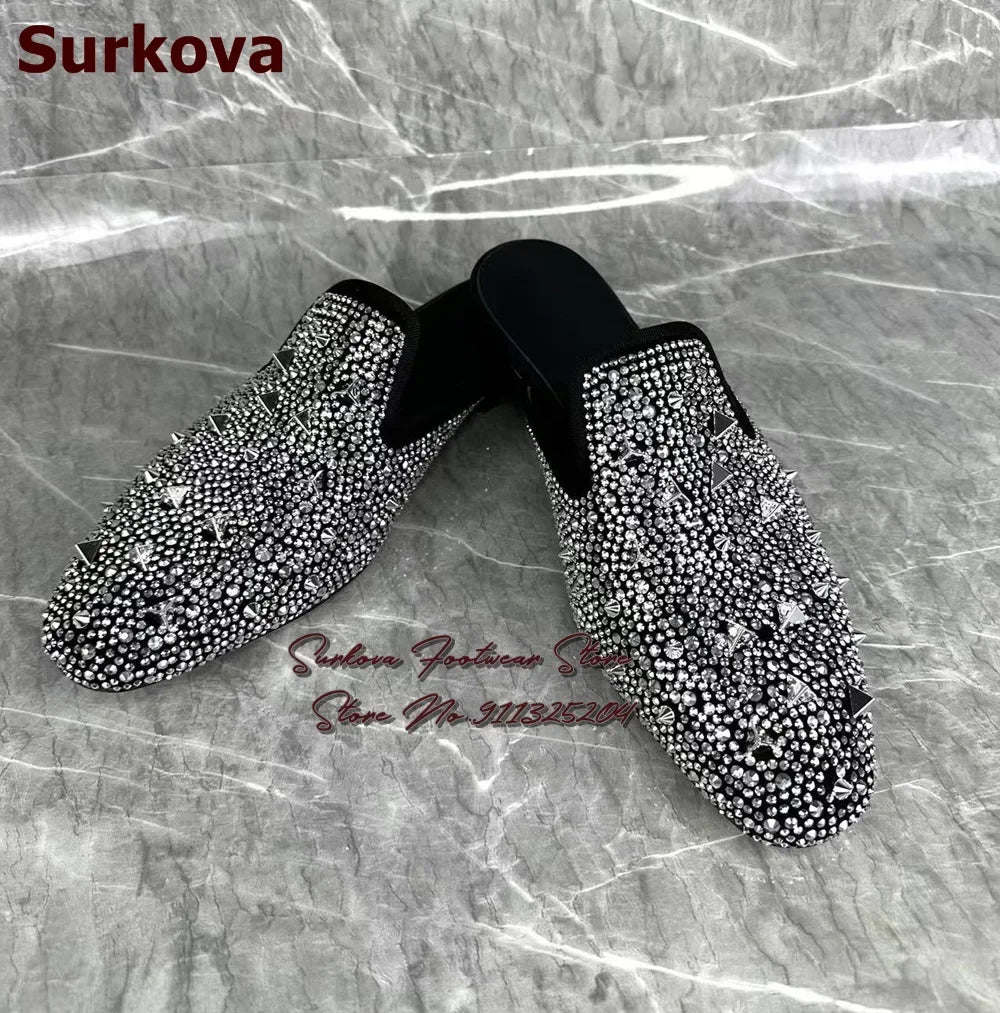 Maxy Surikova Men's Bling Silver Crystal Flat Slippers Metallic Rivets Loafers Slip-on Glittering Rhinestone Dress Shoes Mules