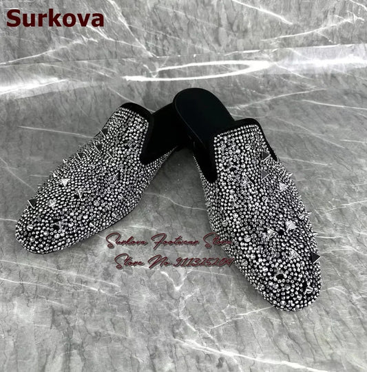 Maxy Surikova Men's Bling Silver Crystal Flat Slippers Metallic Rivets Loafers Slip-on Glittering Rhinestone Dress Shoes Mules