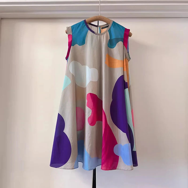 Maxy Summer Holiday Printing Dress Women O-neck Sleeveless Knee Robes 2024 Vintage Loose Tank Sundress Beach Oversize dress
