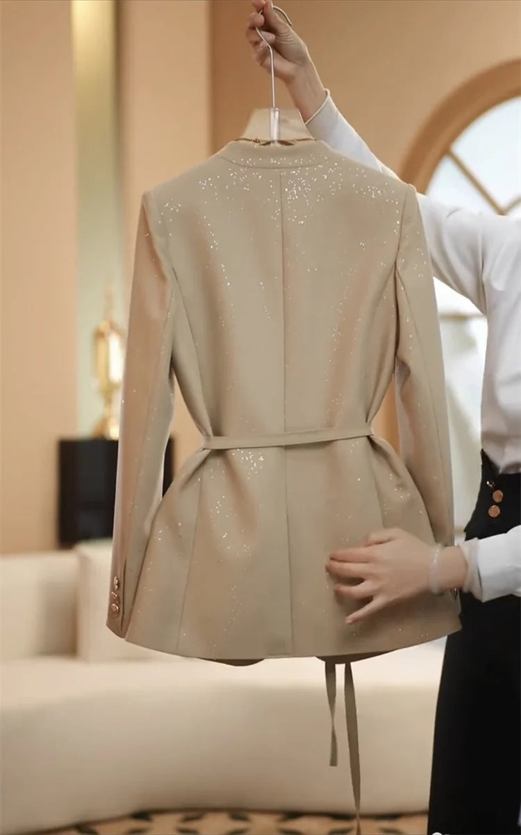 Maxy Spring new fashionable suit set feminine temperament professional commute sequined suit wide leg pants