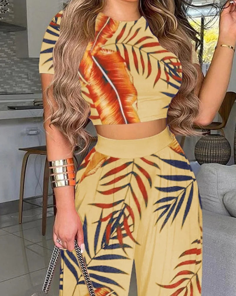 Women Print Pant Sets Two Piece Suit Round Neck Short Sleeve Tops Vests Wide Leg Trousers High Waist Pant Ladies Summer