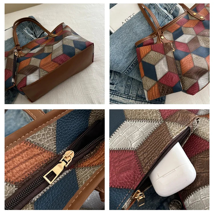 Maxy Vintage Patchwork PU Leather Casual Tote Bags for Women, Large Capacity Shoulder Bag Ladies Handbags And Purses