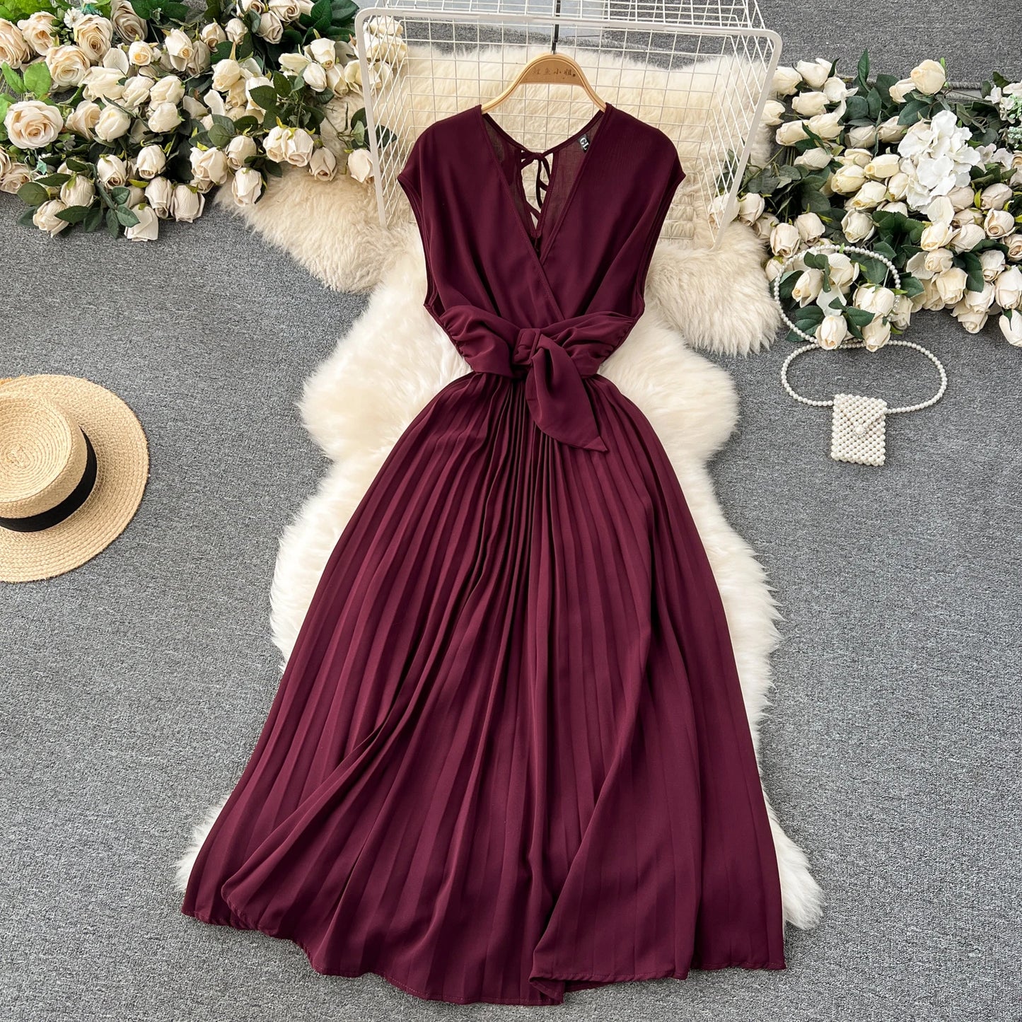 Babs French Vintage Elegant Pleated V-neck Dress A-line Fashion Chiffon Spring Autumn Sleeveless Vestidos Women Dresses