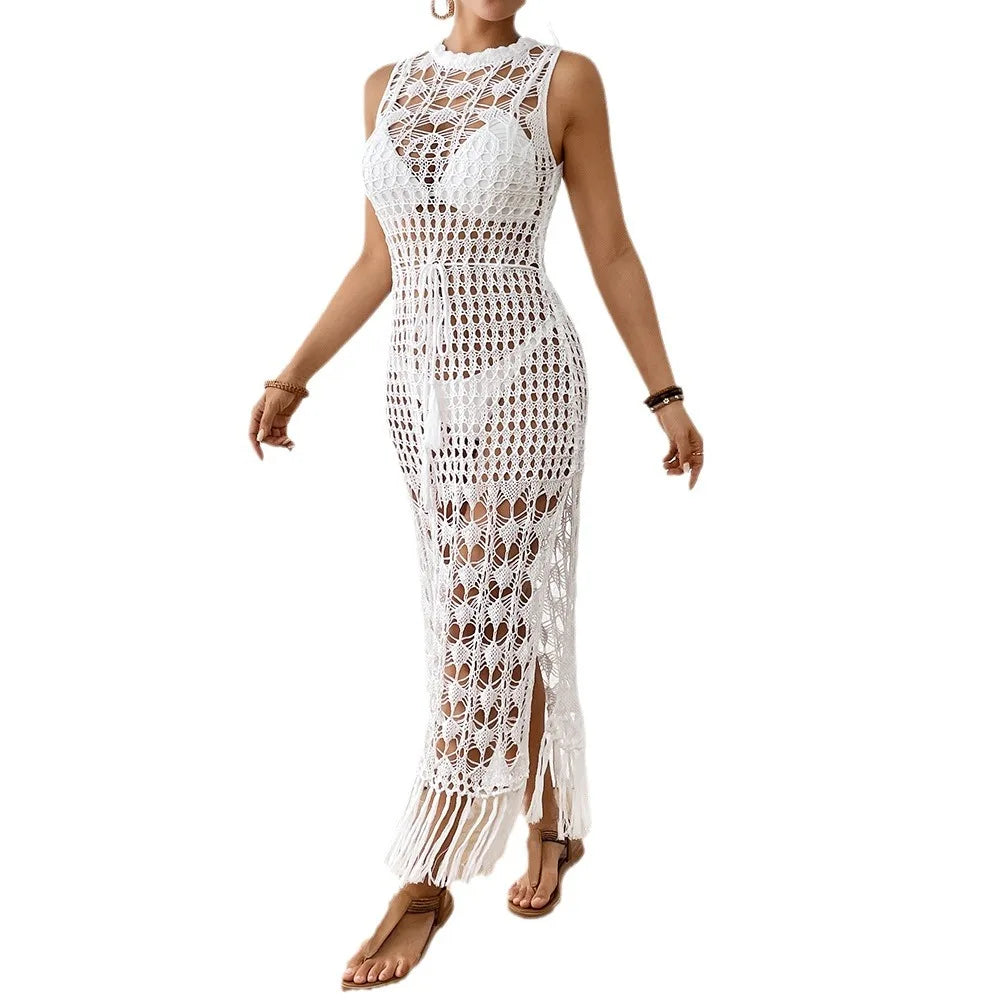 Woman Beach Cover Up Tassel Backless Long Dress Knitted Crochet High Split See-through Maxi Dress Cover-ups Beach Wear Outfits