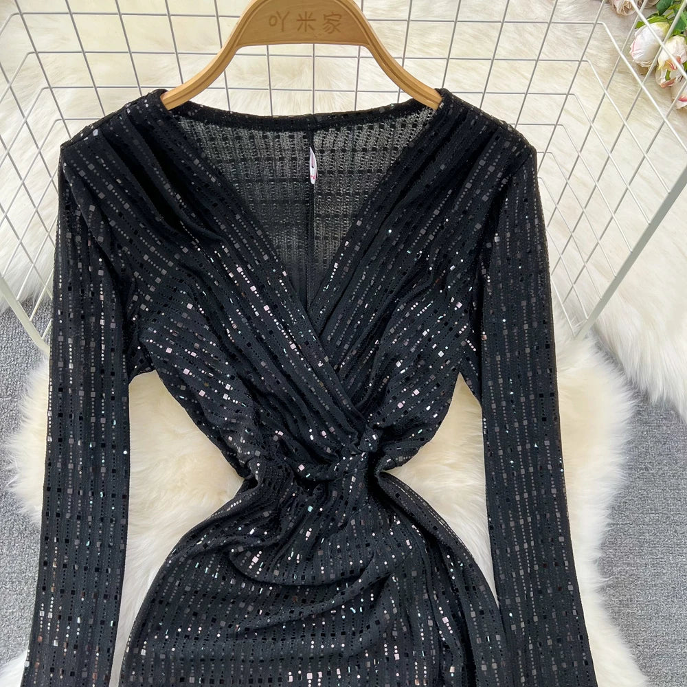 Babs Elegant Chic Y2K Women's Dress Long-sleeve V-neck Split Sequins Patchwork Hip Warp Dresses Autumn Winter