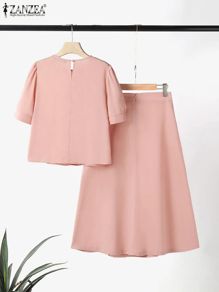 Maxy ZANZEA Vintage 2PCS Ruffled Dress Sets Women Buttons Outfits Summer Short Sleeve Tops Suit Casual Office Long Skirt Sets